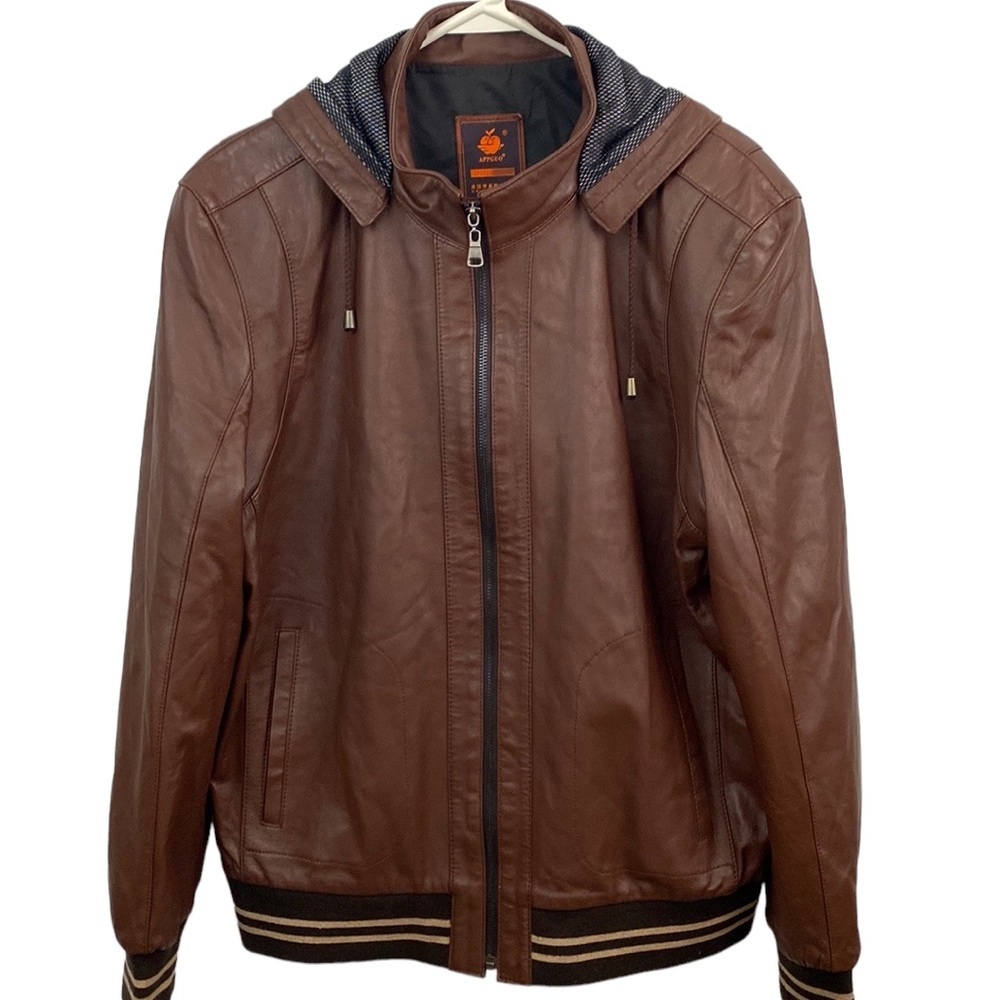 US Apple Dress Group Brown Leather Hooded Bomber Jacket size XL 50